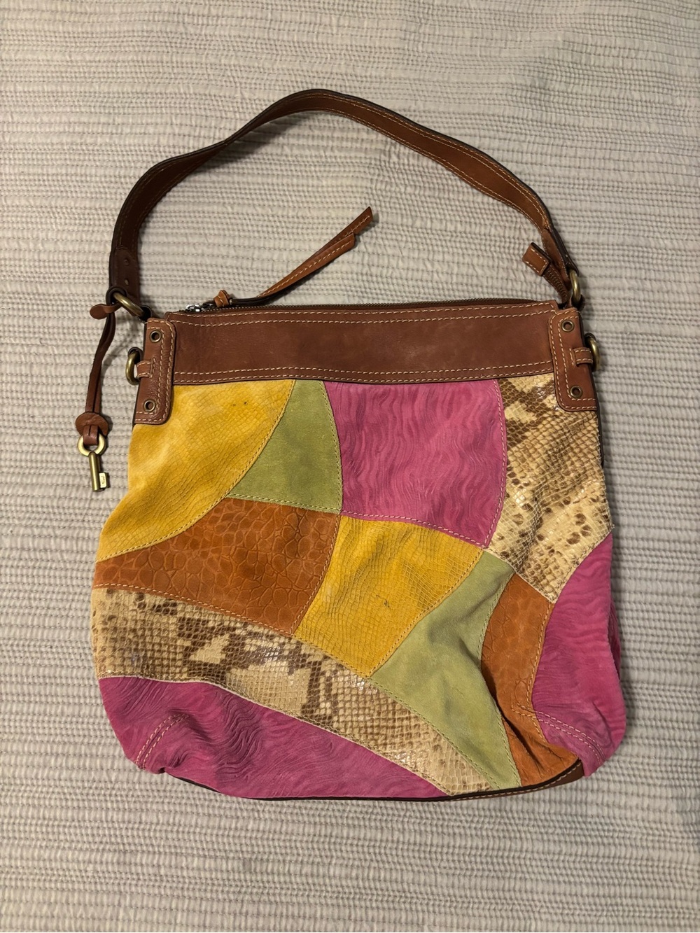 Vintage Fossil Patchwork Leather & Suede Hobo Shoulder Bag